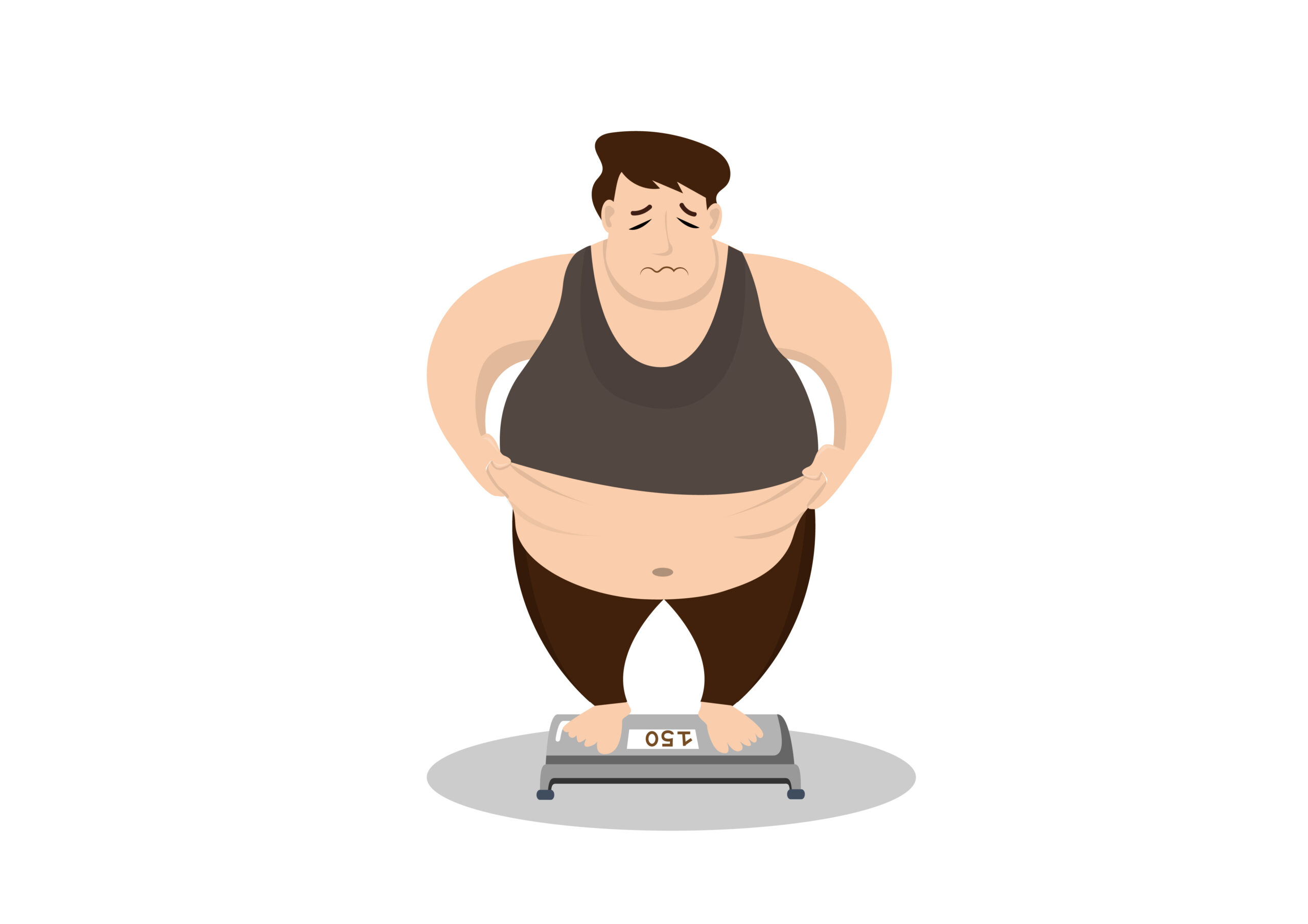 An obese man on a weighing scale. Relation between asthma and obesity