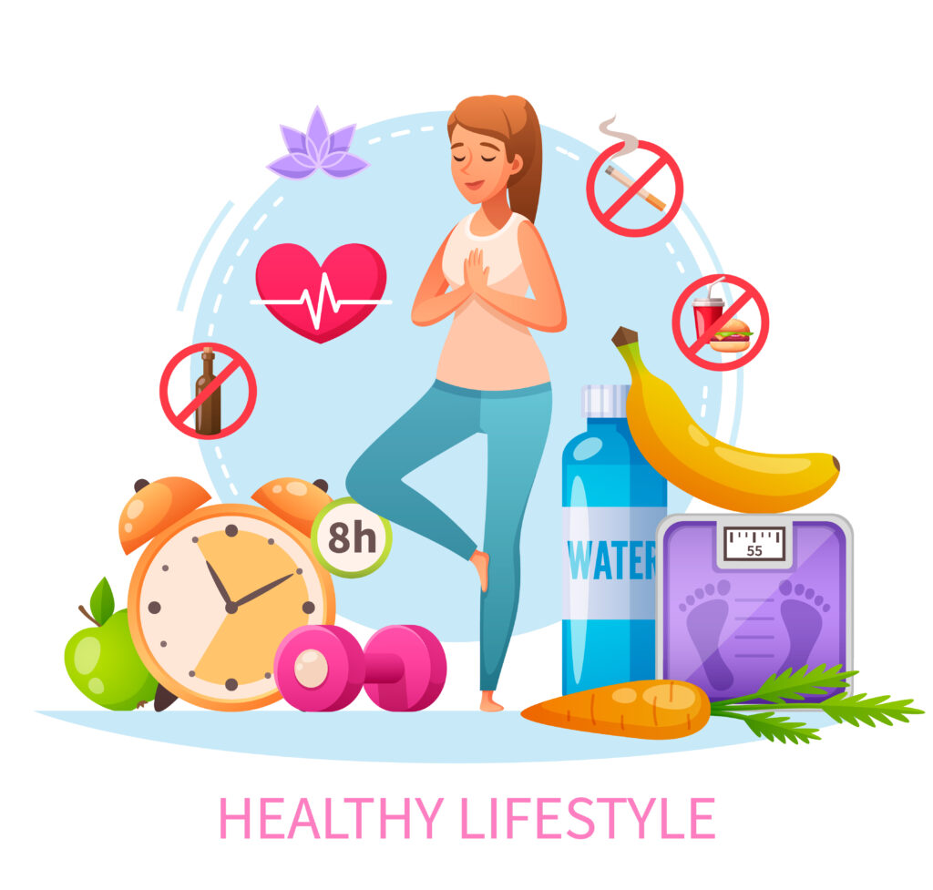 Healthy Lifestyle Cartoon Composition. Depicting healthy lifesytle