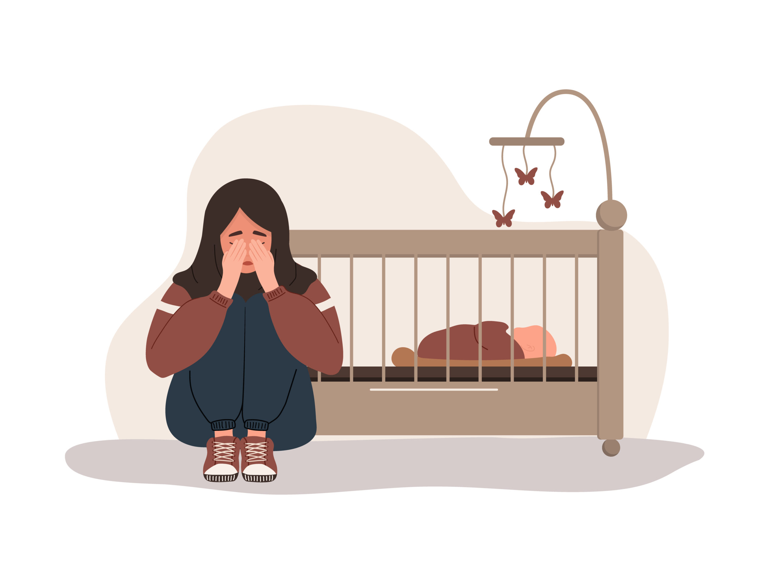Postpartum depression,tired woman sitting on the floor, crying and hugging her knees. Young mother needs psychological help. Mood disorder. Vector illustration in flat cartoon style.