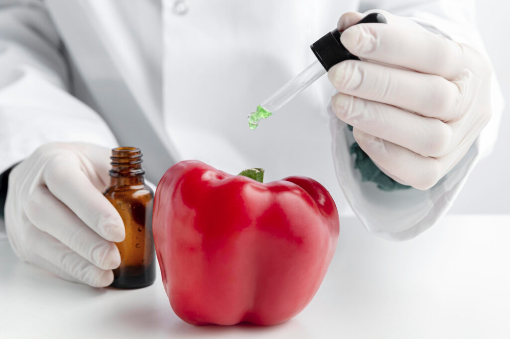 Food additive and preservative added to food is shown by giving example . the image shows red bell pepper is being added with artifical chemical in lab.