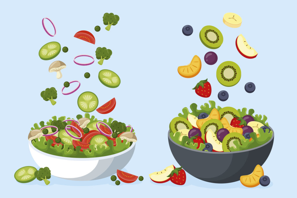 Two bowls filled with various fruits and vegetables showing Plant based diet and its importance in Diabetes